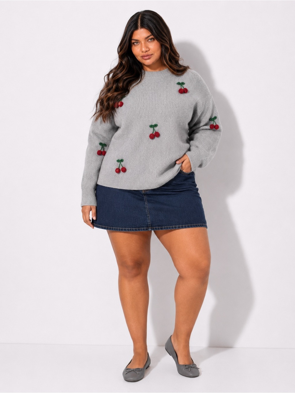 BloomChic Gray Crewneck Sweater with Red Cherry Embroidery